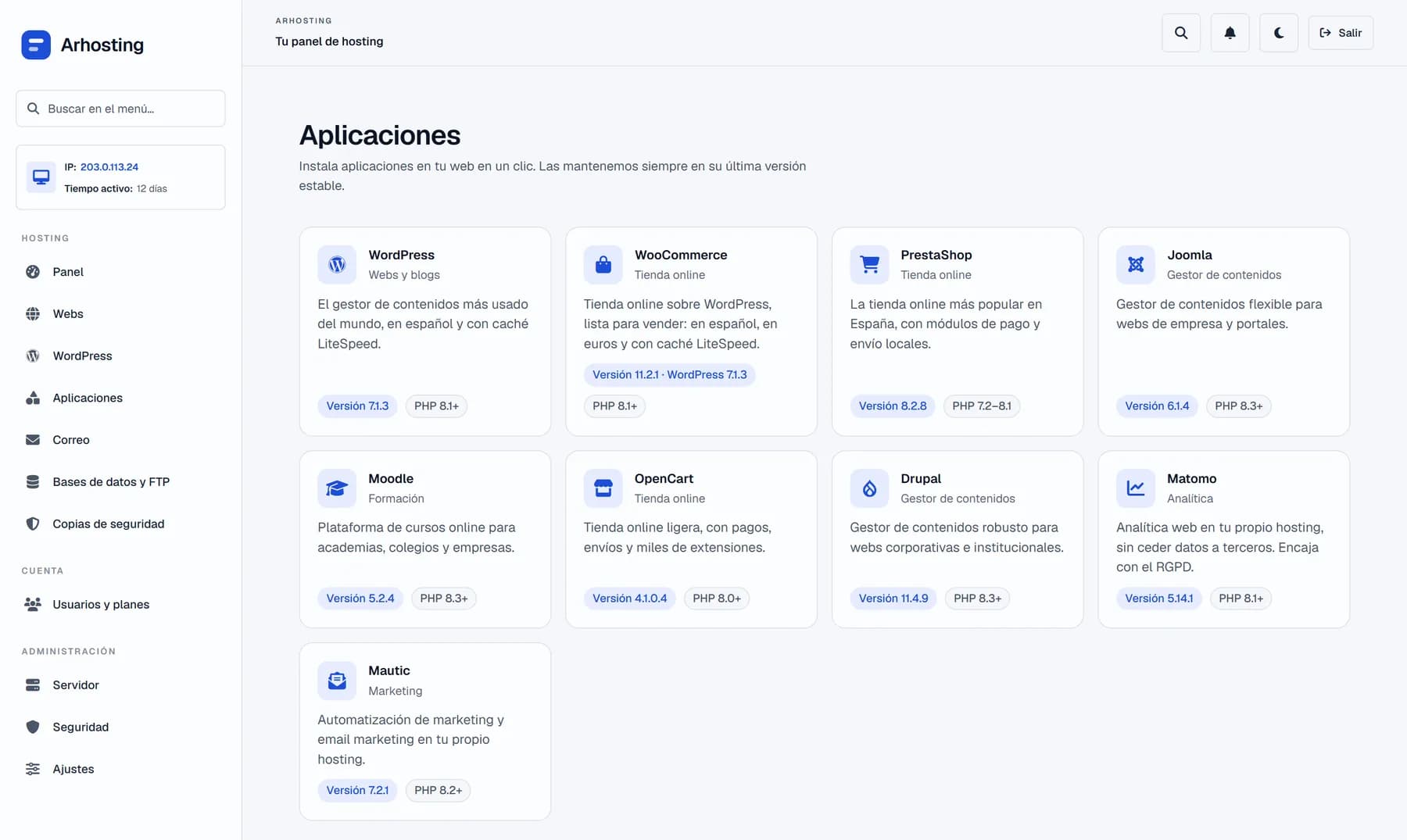 Panel de control de Arhosting con las aplicaciones que se instalan en un clic